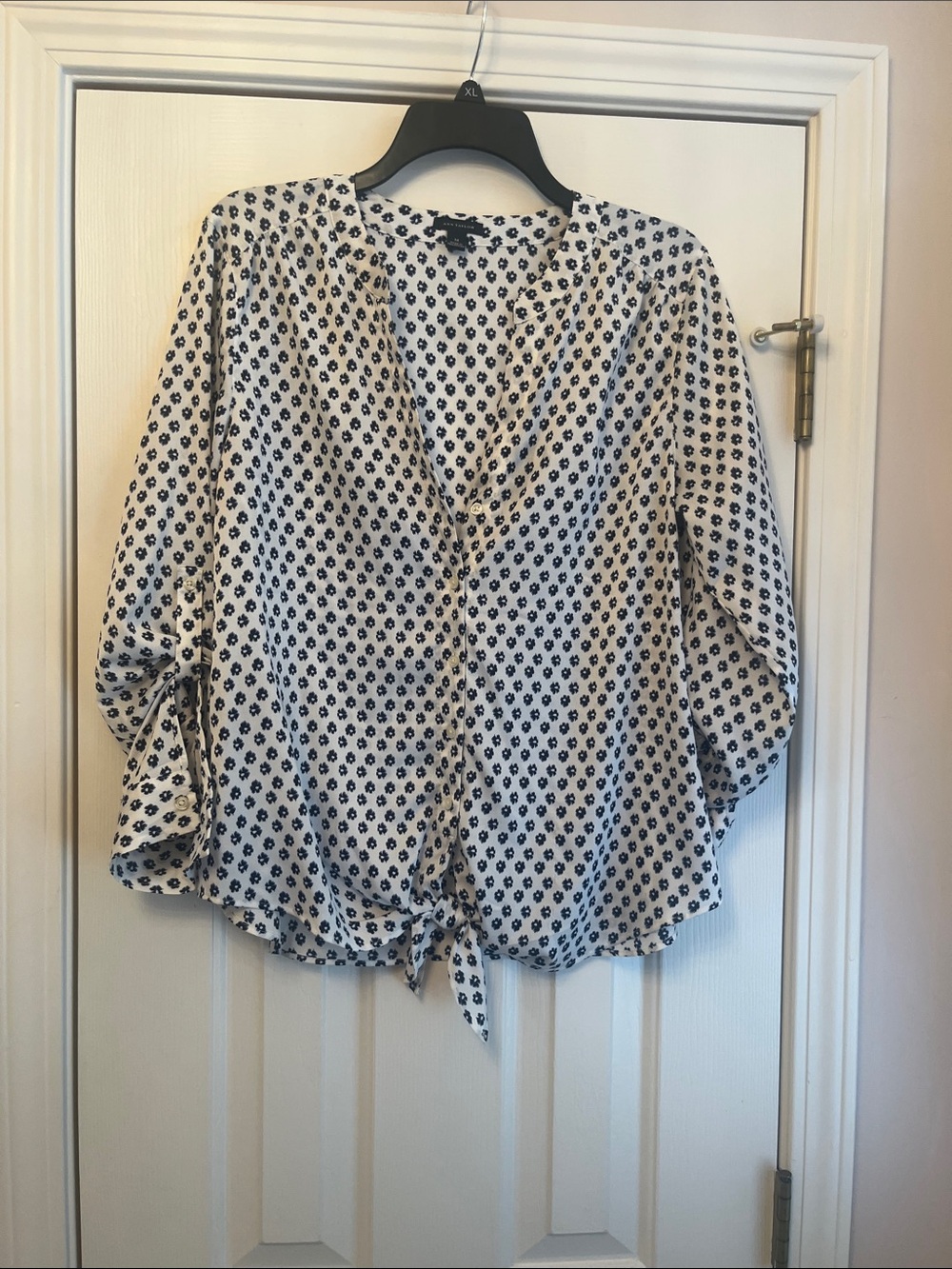 Ann Taylor Navy & White Tie-Front Printed Blouse